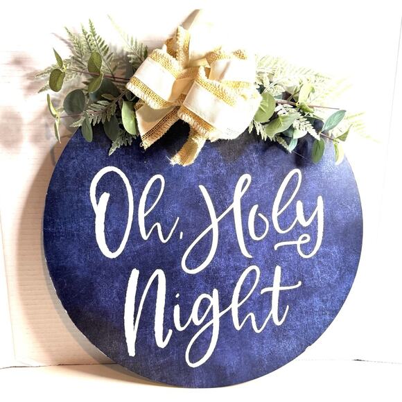 Oh Holy Night Floral Wooden Door Hanger Wall Sign Christmas Decor Holiday Bow - Picture 1 of 5